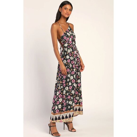 NWT Lulus Bohemian Bliss Black Floral Asymmetrical Backless Maxi Dress Small - Picture 1 of 13